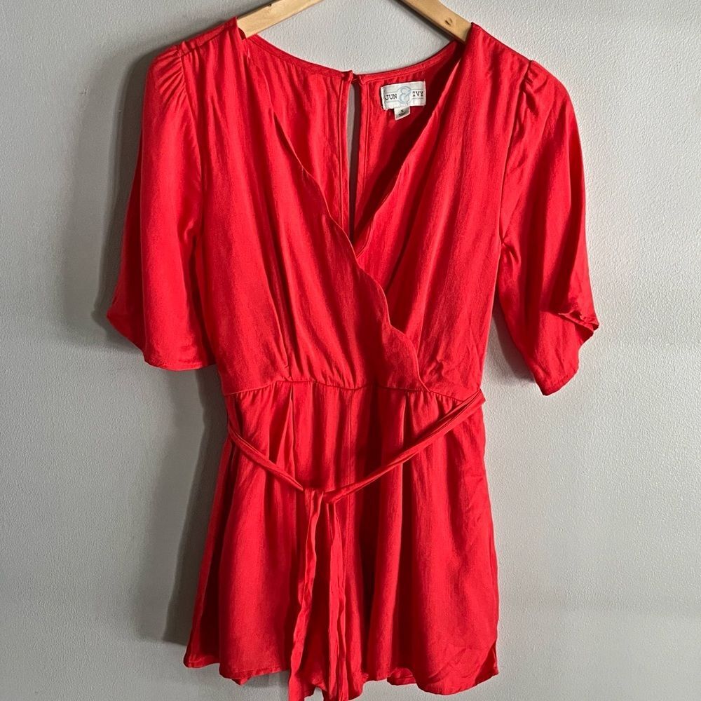 Jun & Ivy Red Scalloped Wrap Front Romper Belted Preppy Boutique